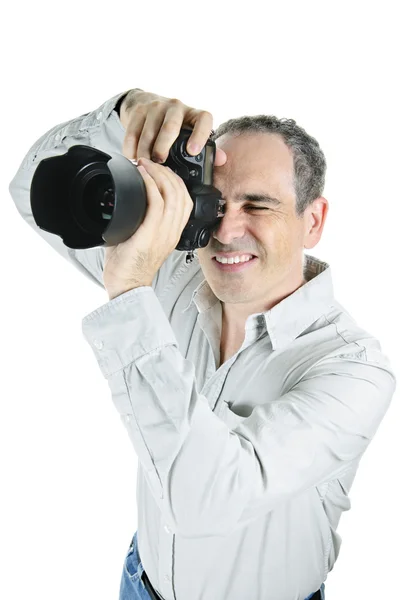 Πορτρέτο Του Άνδρα Φωτογράφου Κάμερα Απομονωμένη Λευκό Φόντο — Φωτογραφία Αρχείου