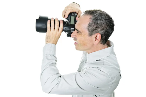 Portret Van Mannelijke Fotograaf Met Camera Geïsoleerd Witte Achtergrond — Stockfoto