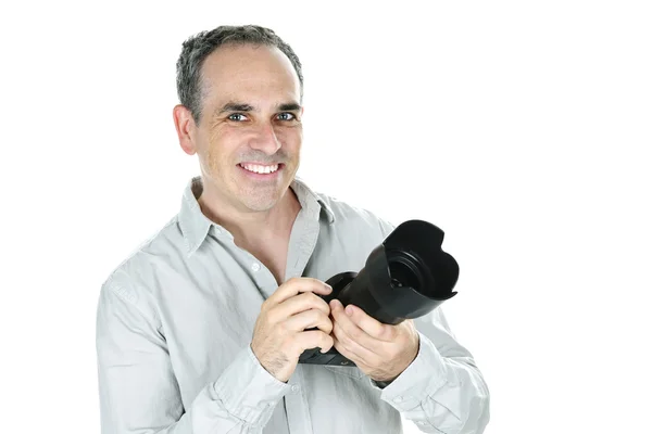 Портрет Мужчины Фотографа Камерой Белом Фоне — стоковое фото