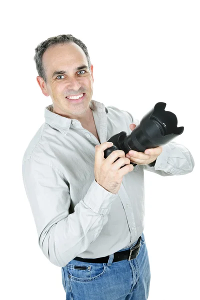 男摄影师肖像 有白色背景的相机隔离 — 图库照片
