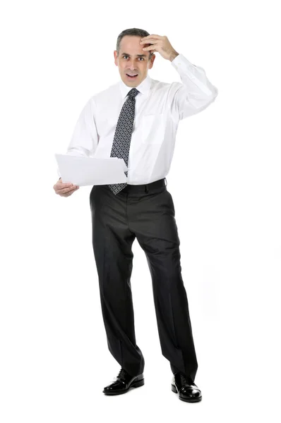 Homme Affaires Costume Avec Une Expression Confuse Tenant Des Papiers — Photo