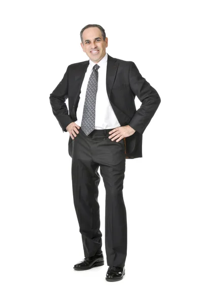 白い背景で隔離のスーツで幸せなビジネスマン — ストック写真