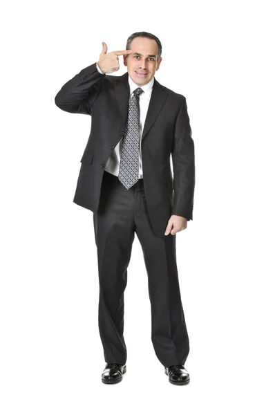 白い背景で隔離のスーツ ジェスチャー自殺のビジネスマン — ストック写真