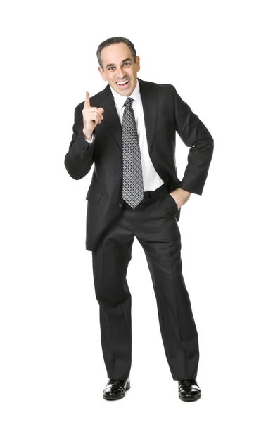 白い背景で隔離のアイデアを持っているスーツで幸せなビジネスマン — ストック写真