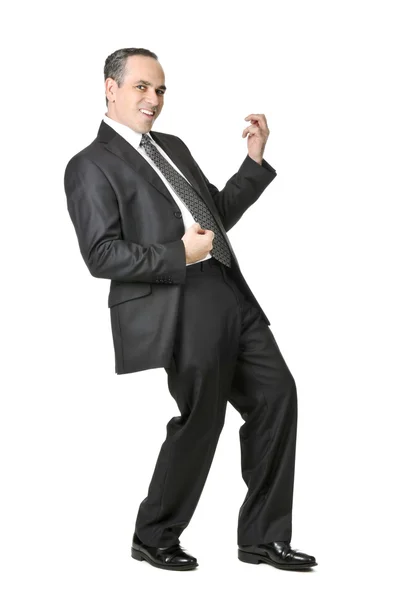 Happy Businessman Suit Playing Air Guitar Isolated White Background — Stock Photo, Image