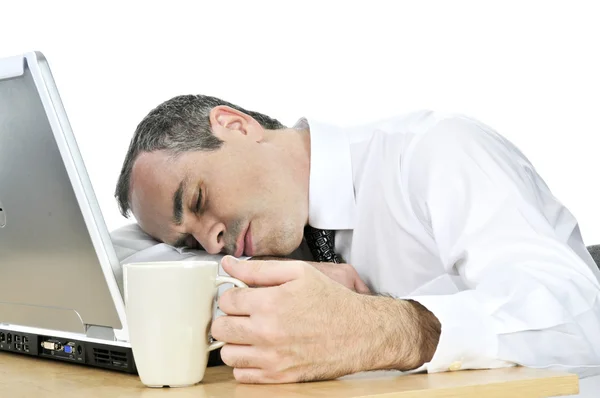 Hombre Negocios Cansado Dormido Escritorio Aislado Sobre Fondo Blanco — Foto de Stock