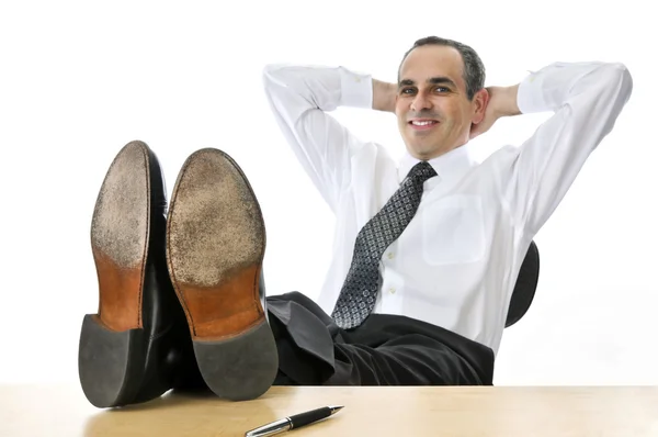 Homem Negócios Relaxante Com Pés Cima Sua Mesa — Fotografia de Stock