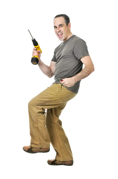 Happy Handyman Doing Dance His Drill — Stock Photo, Image
