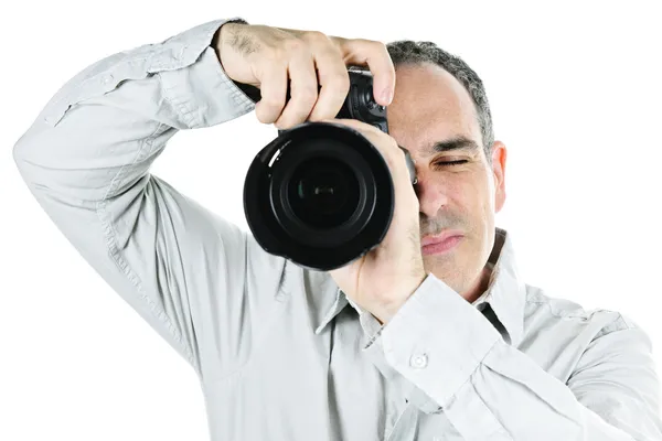 男摄影师肖像 有白色背景的相机隔离 — 图库照片#