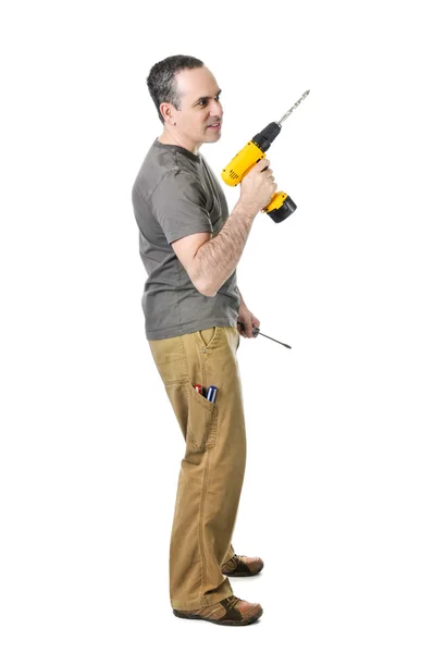 Confident Handyman Holding Drill Screwdriver Stock Image