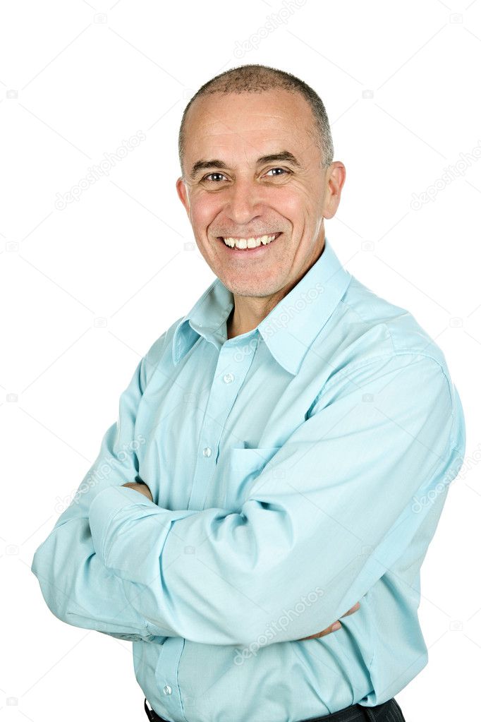Portrait of smiling middle aged man isolated on white background