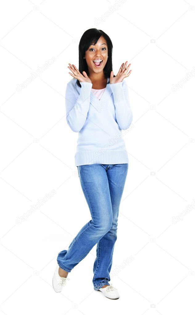 Excited surprised black woman standing isolated on white background