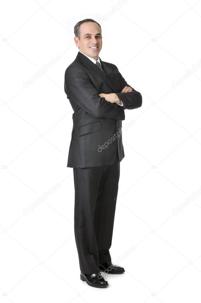 Happy businessman in a suit isolated on white background