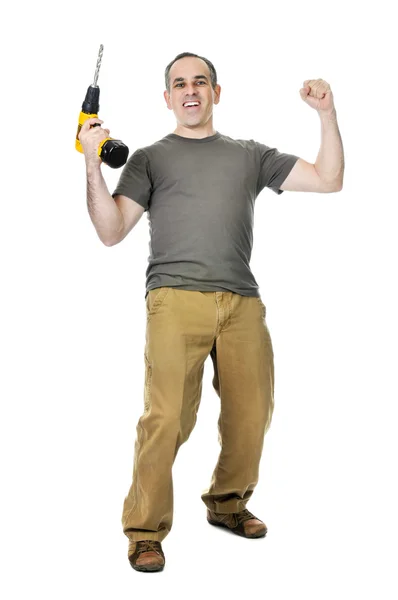 Happy Handyman Raising His Drill Victory — Stock Photo, Image
