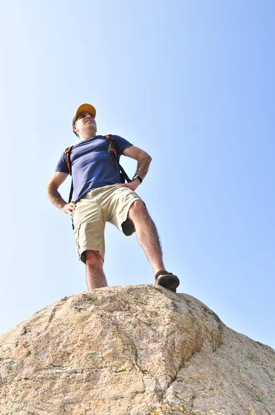 Middle Aged Hiker Standing Top Mountain — Stock Photo, Image