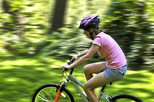 Portrait Teenage Girl Riding Bicycle Summer Park Outdoors — Stock Photo, Image