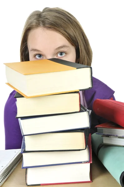 Frustriertes Teenager Mädchen Lernt Schreibtisch Mit Großem Bücherstapel — Stockfoto