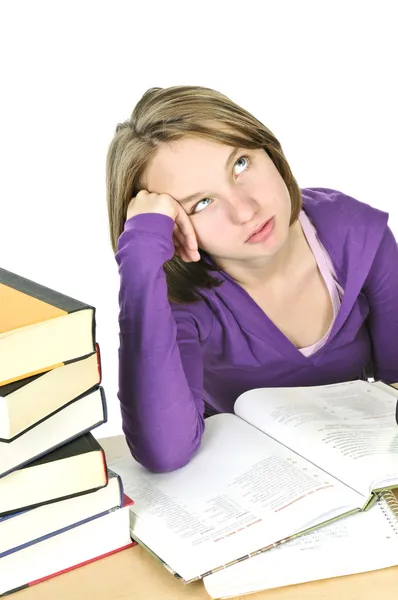 Olycklig Tonårstjej Som Studerar Vid Skrivbordet — Stockfoto