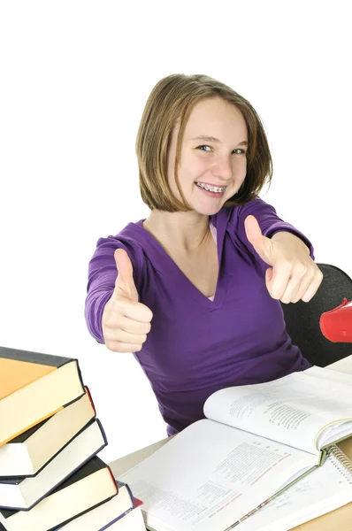 Glücklich Teenager Mädchen Schreibtisch Lernen — Stockfoto
