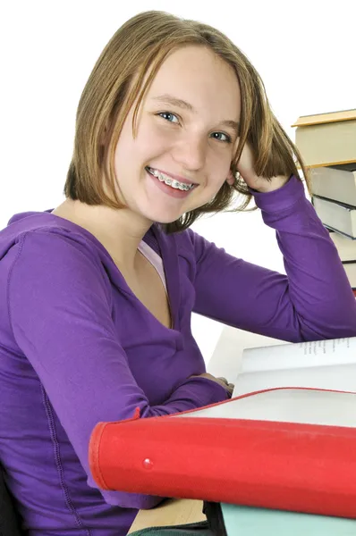 Menina Adolescente Feliz Estudando Mesa — Fotografia de Stock