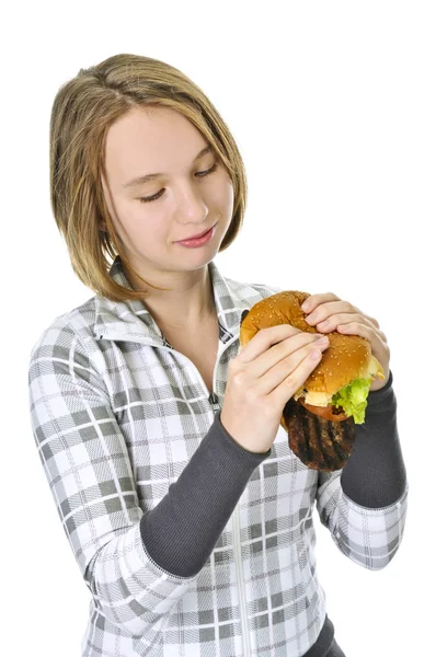 Девочка Подросток Держит Большой Гамбургер Изолирован Белом Фоне — стоковое фото