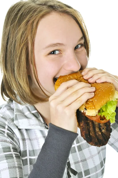 Tienermeisje Houden Een Grote Hamburger Geïsoleerd Witte Achtergrond — Stockfoto