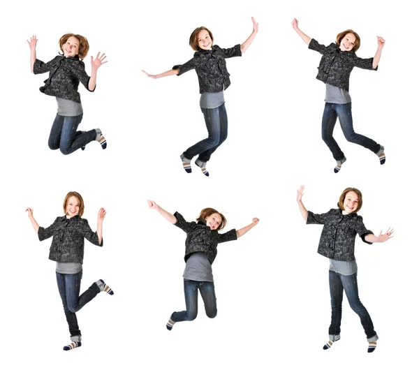 Teenager Mädchen Springt Isoliert Auf Weißem Hintergrund Mehrere Posen — Stockfoto