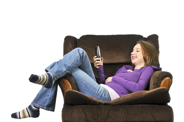 Teenage Girl Talking Phone Sitting Armchair — Stock Photo, Image