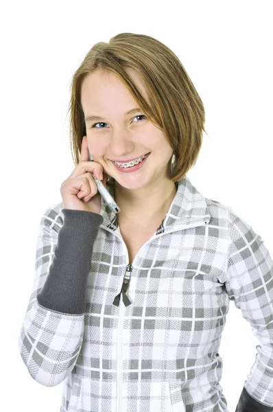 Adolescente Hablando Teléfono Celular Aislado Sobre Fondo Blanco —  Fotos de Stock