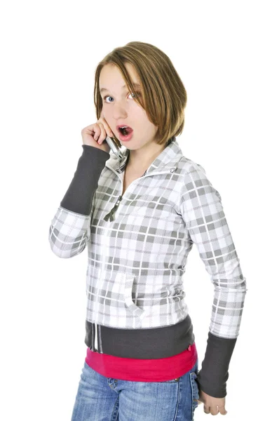Tonårig Flicka Talar Mobiltelefon Som Agerar Förvånad Isolerade Vit Bakgrund — Stockfoto