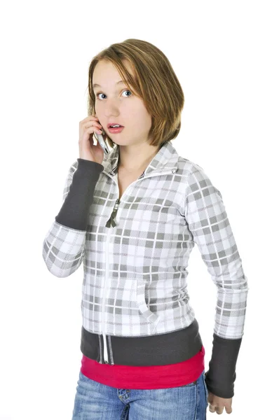 Дівчина Підліток Розмовляє Мобільному Телефоні Діючи Здивовано Ізольовано Білому Тлі — стокове фото