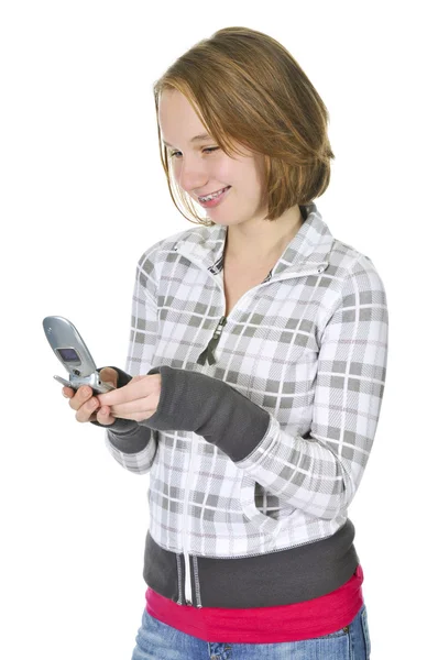 Genç Kız Kısa Beyaz Zemin Üzerine Izole Bir Cep Telefonuyla — Stok fotoğraf