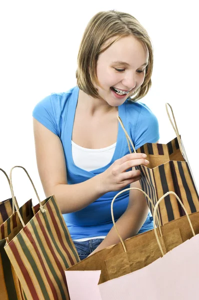 快乐的十几岁女孩有很多的购物袋 — 图库照片