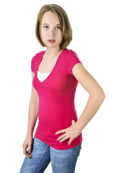 Tizenéves Lány Találat Hozzáállás Elszigetelt Fehér Background — Stock Fotó