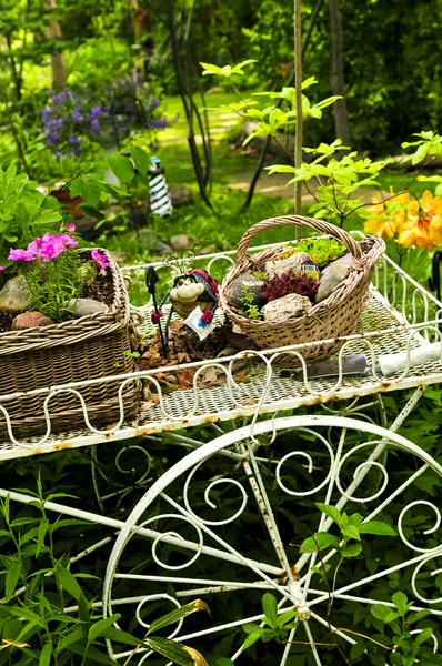 Květinový Vozík Dvěma Košíky Letní Zahradě — Stock fotografie