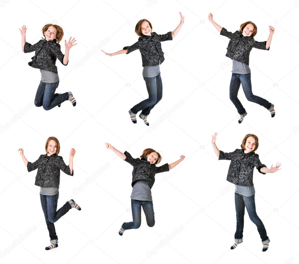 Teenage girl jumping isolated on white background, several poses