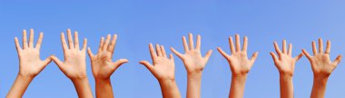 Row of hands with open palms on blue sky background clipart
