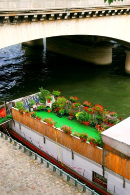Charming houseboat with flowers docked on Seine in Paris, France clipart