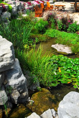 Natural stone pond and patio landscaping with aquatic plants clipart