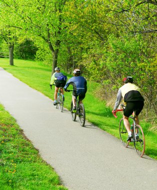 Group of friends bicycling in a summer park clipart