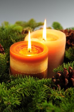 Christmas arrangement of burning candles and green spruce branches clipart