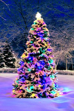 Decorated christmas tree outside with lights covered with snow clipart