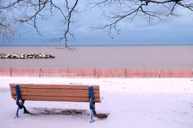 Winter park with a bench covered with snow. Beach area, Toronto, Canada. clipart