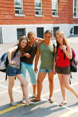 Portrait of a group of young smiling school girls in schoolyard clipart