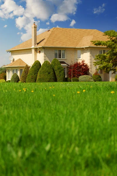Spaceous Family Home Big Green Lawn Front Space Copy — Stock Photo, Image