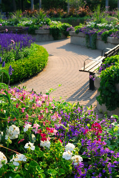 Formal garden with blooming flowers in the summer