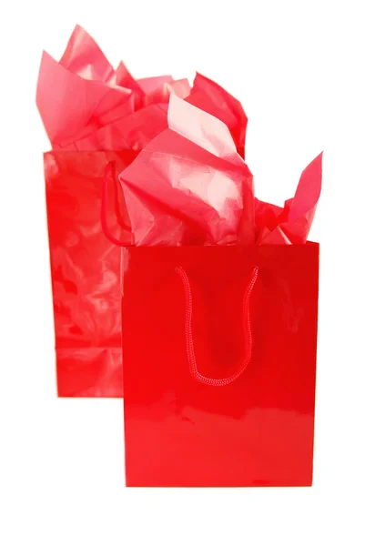 Twee Rode Boodschappentassen Geïsoleerd Witte Achtergrond — Stockfoto