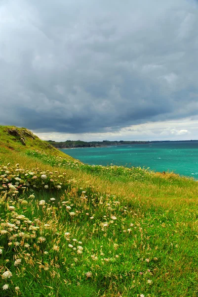 Manzara Brittany Kayalık Atlantik Kıyılarının Fırtınalı Gökyüzü Ile Fransa — Stok fotoğraf
