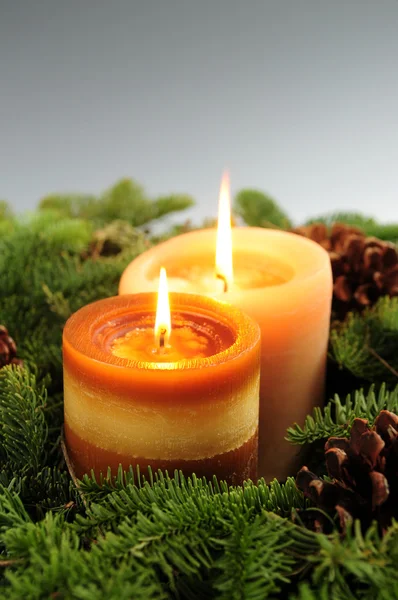 燃烧圣诞蜡烛和绿色云杉分支的安排 — 图库照片