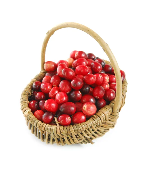 在白色背景上的篮子里的新鲜红色小红莓 — 图库照片